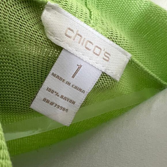 Chico's Cardigan MEDIUM 8 Green Open Front Fringe Shawl Knit Rayon Ribbed Trim - Picture 7 of 8